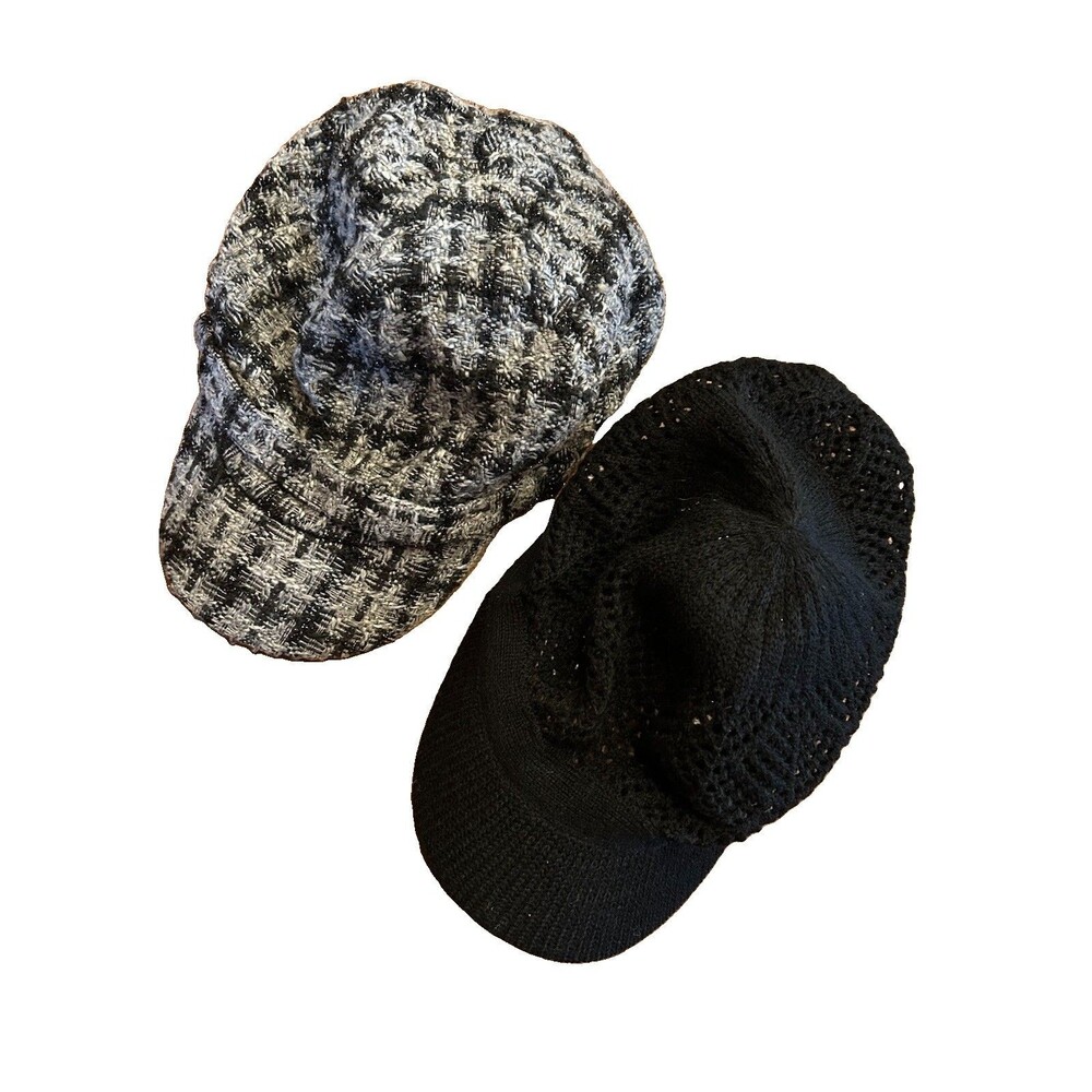 Lot Of Two Black White Tweed Newsboy Cap And Crochet Cabbie Cap Paris Fashion